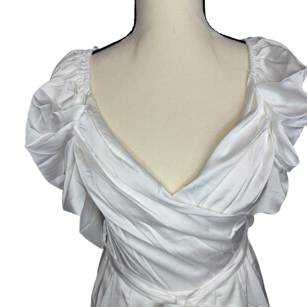 Mustard Seed White Satin Mini Dress Small Puff Sleeve Ruched Tie Cottagecore NWT - Picture 4 of 8